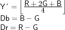      ⌊          ⌋
Y  = R-+-2G+-B-
          4
Db = B - G
Dr = R - G
         