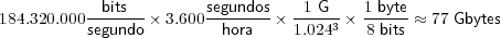 184.320.000--bits--× 3.600segundos× -1-G--× 1-byte ≈ 77 Gbytes
          segundo         hora    1.0243   8 bits
     