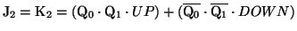 $\mathrm{J_2}=\mathrm{K_2}=(\mathrm{Q_0}\cdot \mathrm{Q_1}\cdot UP) + (\overline{\mathrm{Q_0}} \cdot \overline{\mathrm{Q_1}} \cdot DOWN)$